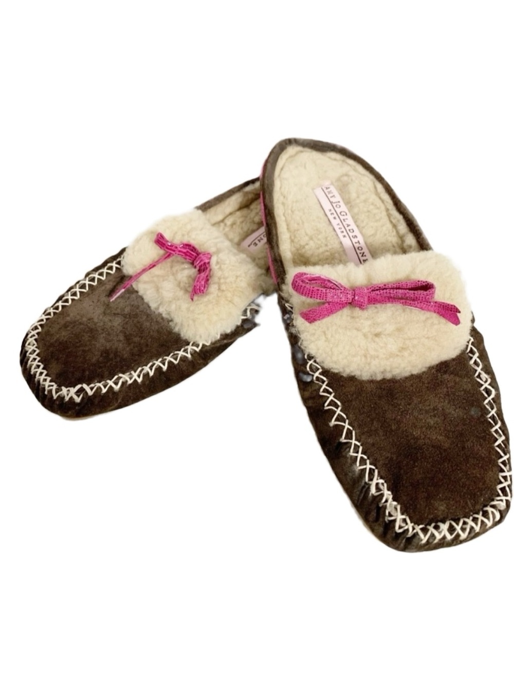 Amy Jo Gladstone Leather Suede Shearling Lined and Trimmed Slip On Mule Slippers
